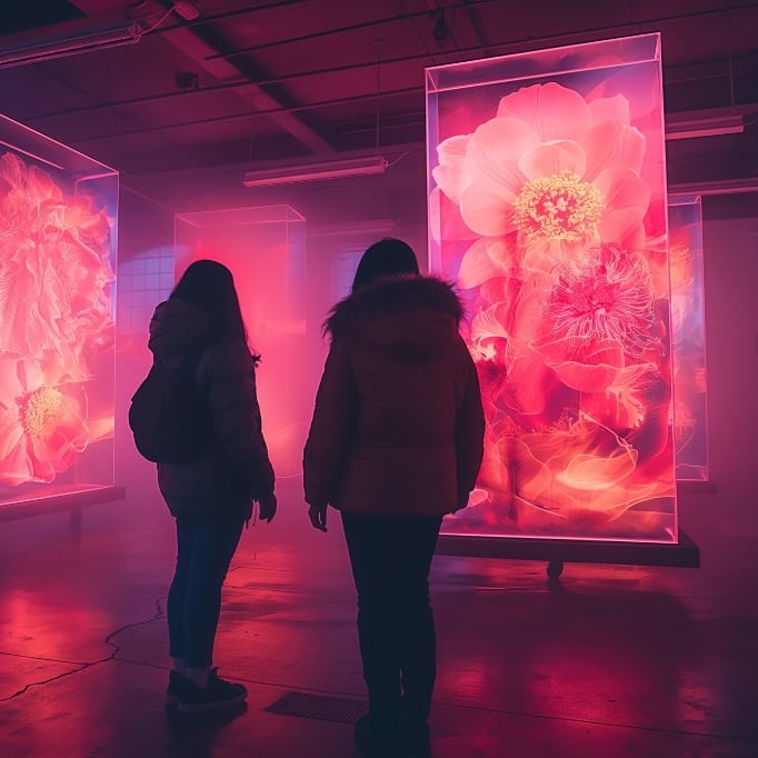 Instalação com painéis de flores em luz rosa